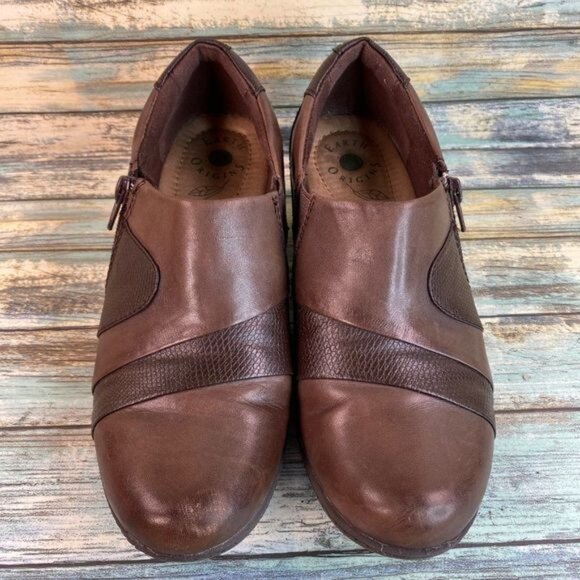 Earth?Origins Womens Brown Leather Ankle Booties Size 7.5M Monica Zip Block Heel - Picture 5 of 11